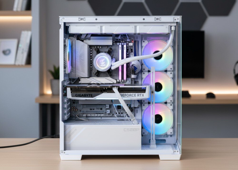 Komputer MAD DOG Powered By Gigabyte C500-ICE-A08WR32WH Widok na wprost przeszklonej obudowy komputerowej z podświetlanymi wentylatorami, chłodzeniem procesora oraz kartą graficzną wewnątrz