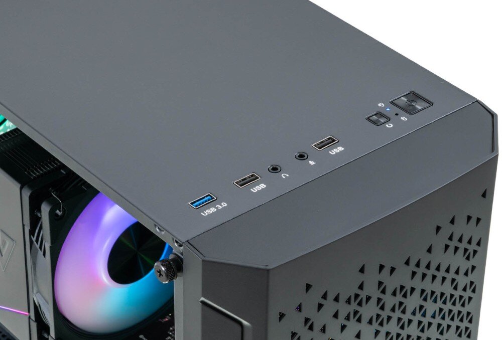 Komputer MAD DOG ARAMIS-A01WR16WH Górny panel obudowy komputera z portami USB, gniazdami audio oraz przyciskami zasilania i resetu