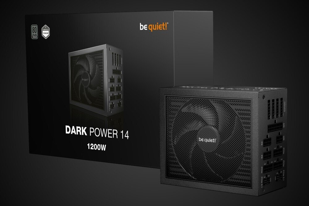 Komputer MAD DOG ULTIMATE-A01WR64WH Zasilacz komputerowy stojący obok swojego opakowania z widocznym napisem 'Dark Power 14 1200W' i logo producenta na czarnym tle, zasilacz, moc, sprawność