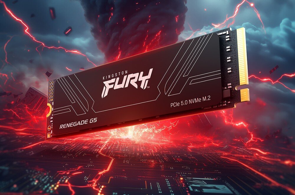 Komputer MAD DOG ULTIMATE-A01WR64WH Obraz przedstawia dysk SSD z napisem \'KINGSTON FURY Renegade G5 PCIe 5.0 NVMe M.2\' na tle dynamicznej, czerwono-niebieskiej scenerii z błyskawicami i chmurami. Dysk jest czarny z białymi napisami i złotymi elementami na końcu