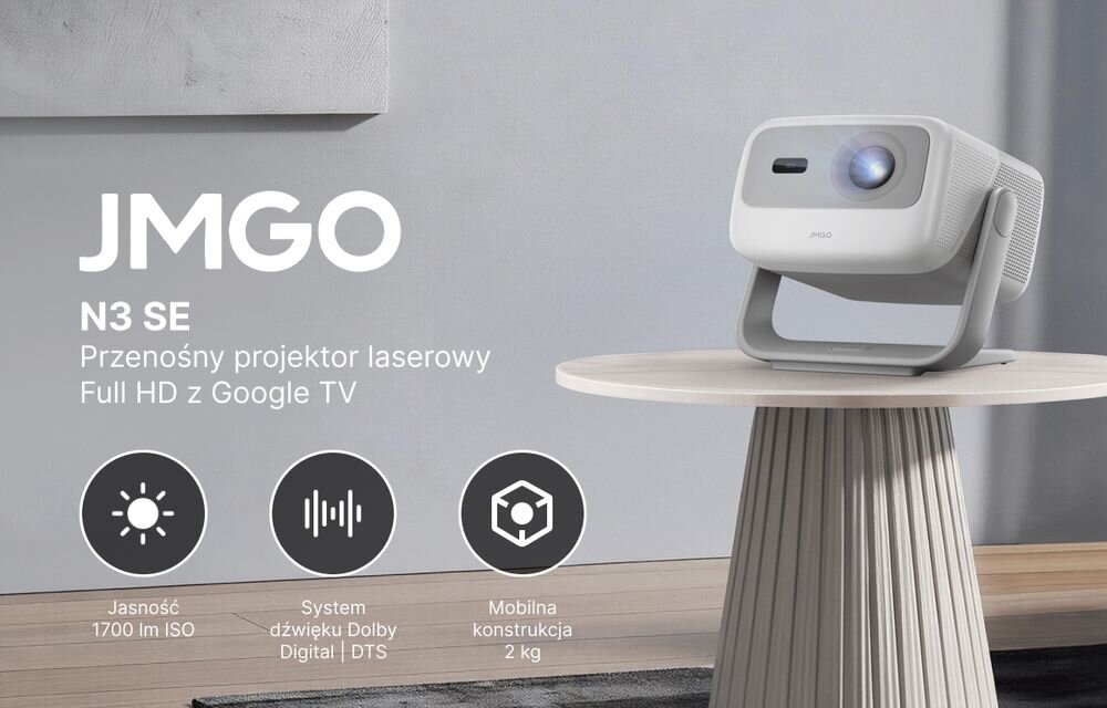 Projektor laserowy JMGO N3 SE Full HD potrójny laser Google TV kino domowe, projektor stojący na stoliku w pomieszczeniu