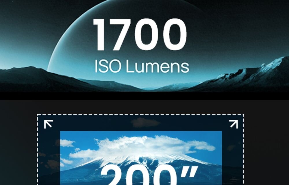 Projektor laserowy JMGO N3 SE 1700 lumenów ISO jasny obraz projekcja, ciemny górzysty teren