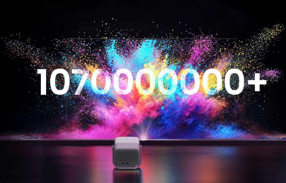 Projektor laserowy JMGO N3 SE 1,07 miliarda kolorów BT.2020 DeltaE poniżej 1, projektor stojący na ziemi wyświetlający obraz na ścianie