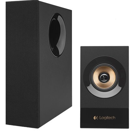 Na obrazie widoczne są dwa czarne głośniki z logo \'Logitech\'. Jeden z głośników ma złoty akcent wokół membrany.