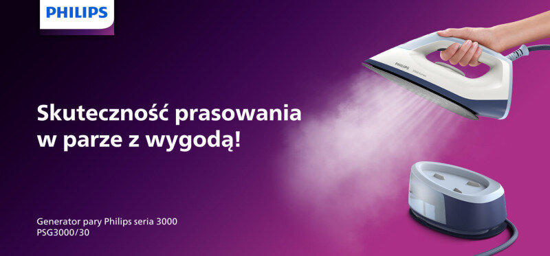 Na fioletowym tle widoczny jest generator pary z ręką trzymającą żelazko, z którego wydobywa się para. Tekst na obrazie: \'Skuteczność prasowania w parze z wygodą!\' oraz \'Generator pary Philips seria 3000 PSG3000/30\'.