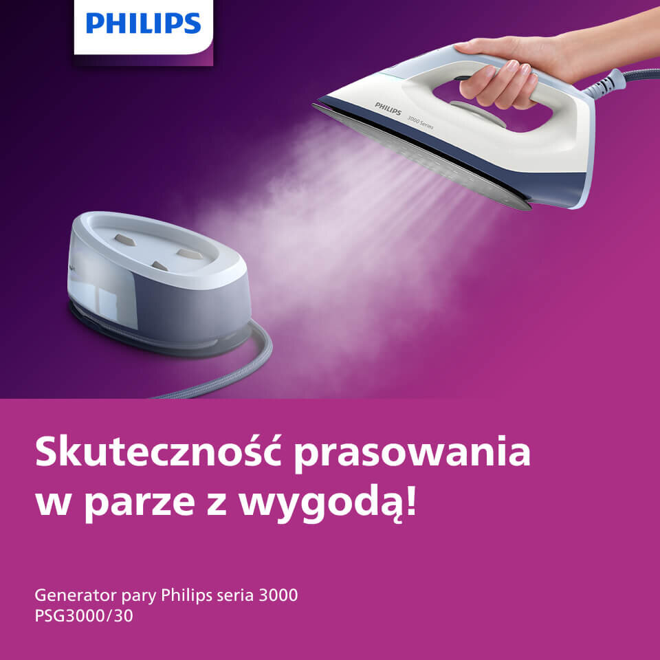 Na fioletowym tle widoczny jest generator pary z logo PHILIPS, z którego wydobywa się para. Tekst na obrazie: \'Skuteczność prasowania w parze z wygodą! Generator pary Philips seria 3000 PSG3000/30\'.