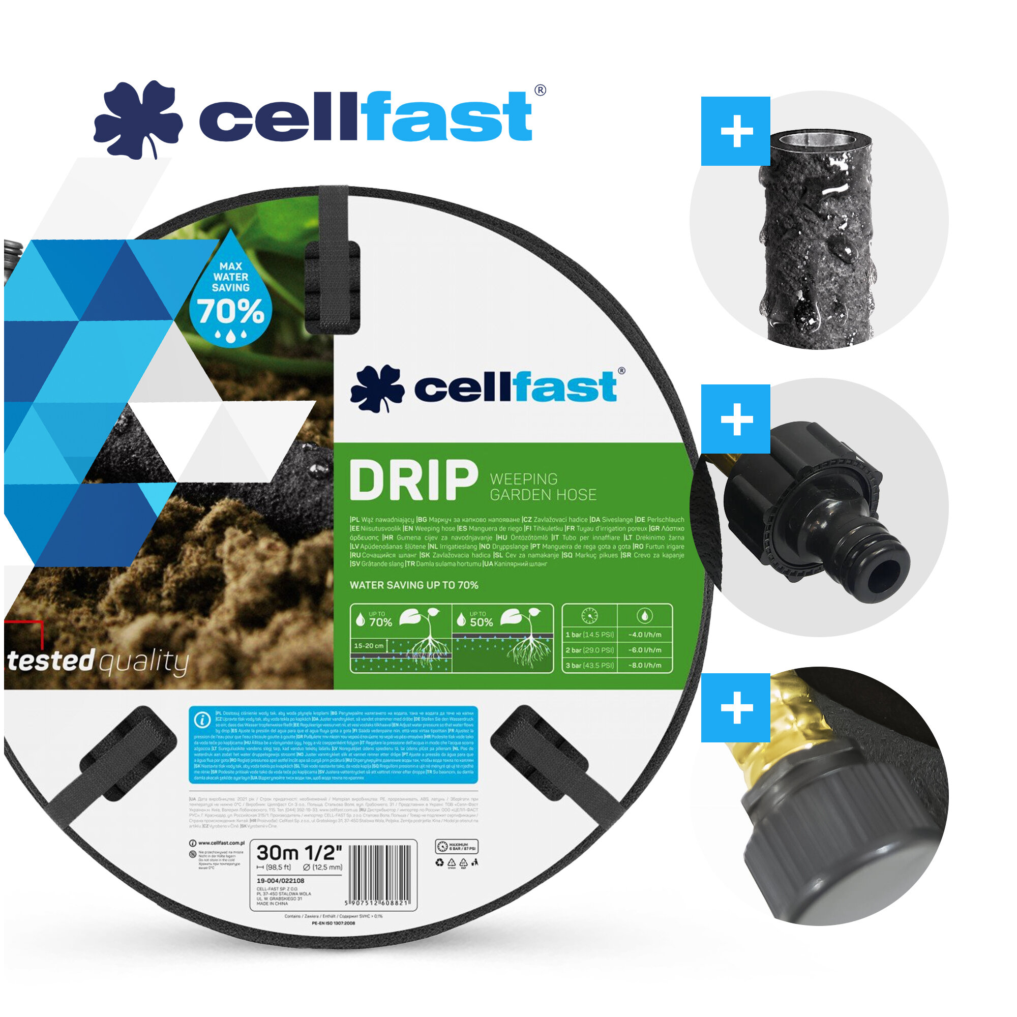 Na obrazie widoczny jest wąż nawadniający z napisem \'cellfast DRIP weeping garden hose\' oraz informacją \'water saving up to 70%\'. Obok znajdują się trzy okrągłe zdjęcia przedstawiające szczegóły produktu, takie jak struktura węża i złącza.
