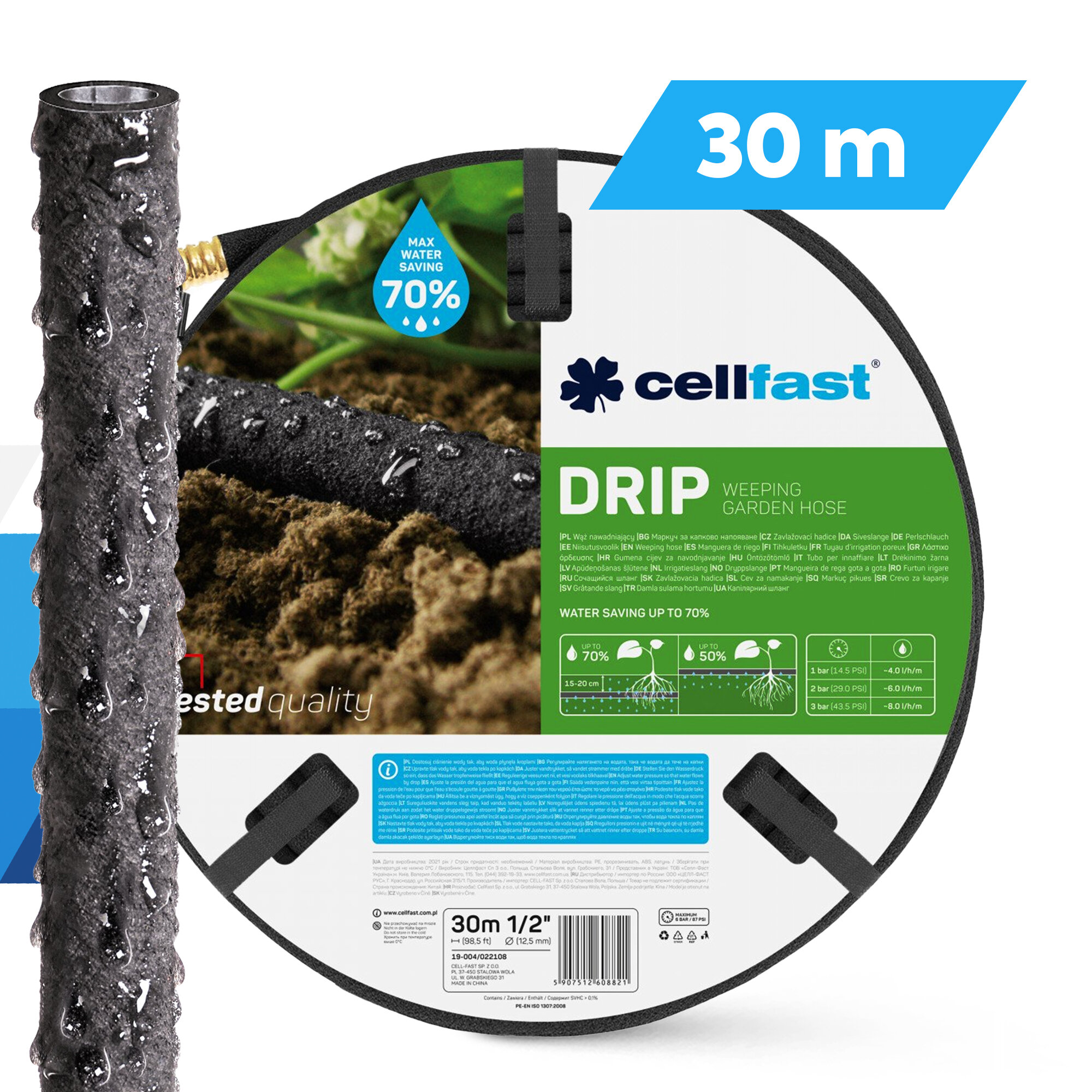 Obraz przedstawia wąż nawadniający z widocznymi kroplami wody na powierzchni. Na etykiecie widnieje napis \'cellfast DRIP WEEPING GARDEN HOSE\' oraz informacja \'30 m\'.