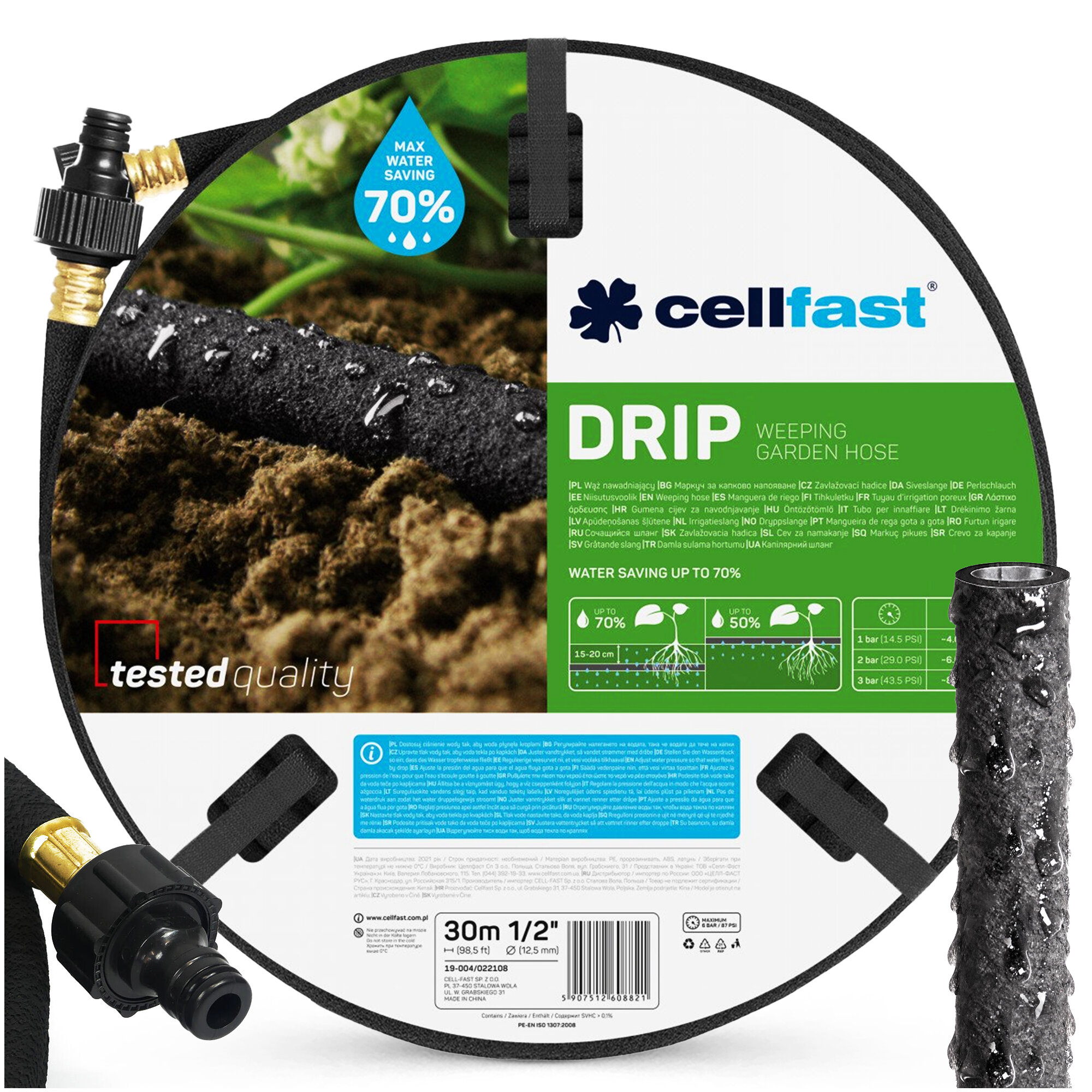 Na obrazie widoczny jest wąż nawadniający z etykietą zawierającą logo \'cellfast\' oraz napis \'DRIP weeping garden hose\'. Etykieta informuje o oszczędności wody do 70% i posiada oznaczenie \'tested quality\'.
