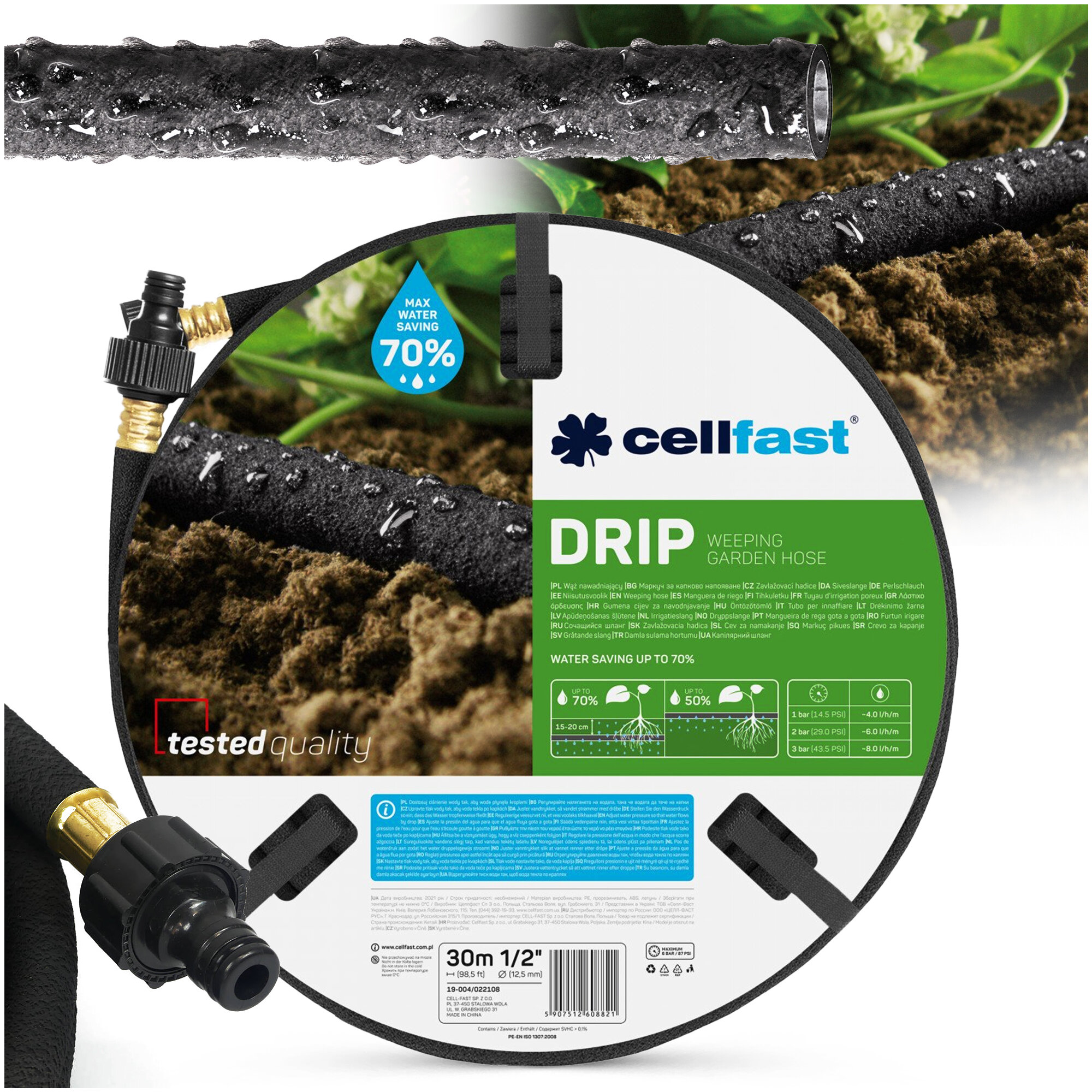 Obraz przedstawia wąż nawadniający z widocznymi kroplami wody na powierzchni, umieszczony na tle ziemi i roślin. Na etykiecie widnieje napis \'cellfast DRIP WEEPING GARDEN HOSE\', a także informacja o oszczędności wody do 70%.