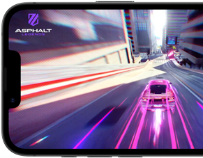 Na ekranie smartfona wyświetlana jest gra wyścigowa z samochodem jadącym po futurystycznym mieście. W lewym górnym rogu widoczne jest logo \'ASPHALT LEGENDS\'.
