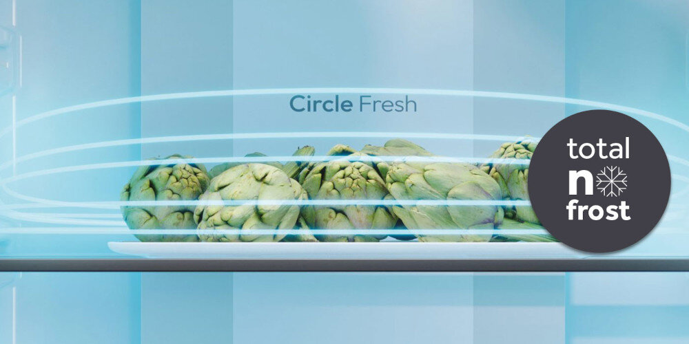 Na obrazie widoczny jest talerz z karczochami w lodówce, z napisem \'Circle Fresh\'. Obok znajduje się okrągła grafika z tekstem \'total no frost\'.