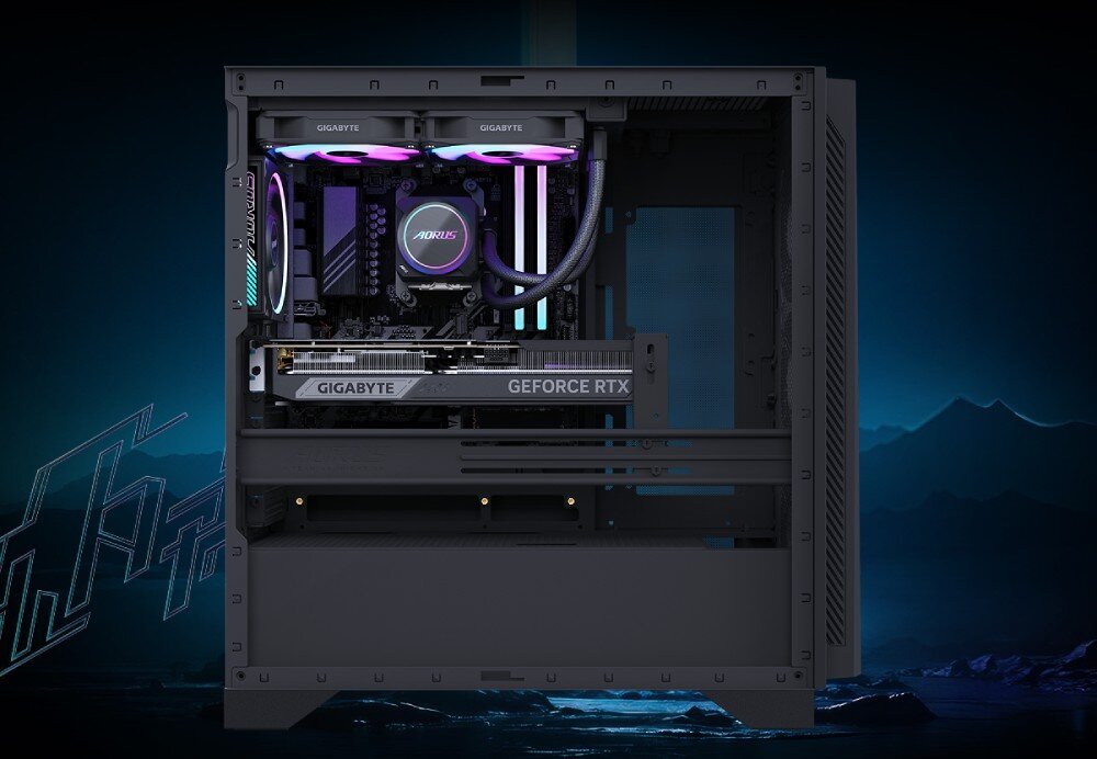 Komputer GIGABYTE Aorus Prime 5 Wnętrze obudowy komputera z widoczną kartą graficzną, chłodzeniem wodnym i modułami pamięci RAM