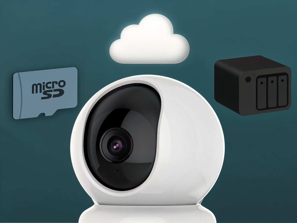 Na obrazie znajduje się biała, obrotowa kamera z czarnym obiektywem. W tle widoczne są ikony: chmura, karta microSD z napisem \'microSD\' oraz czarny sześcian z trzema pionowymi liniami.