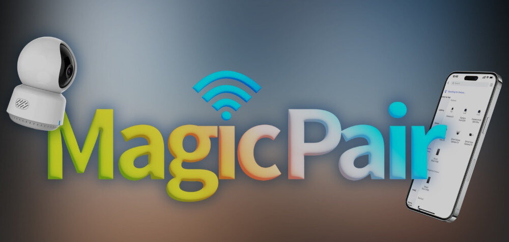 Obraz przedstawia kamerę obrotową oraz smartfon z aplikacją, z napisem \'MagicPair\' i symbolem Wi-Fi pomiędzy nimi. Tło jest rozmyte, a napisy są kolorowe.