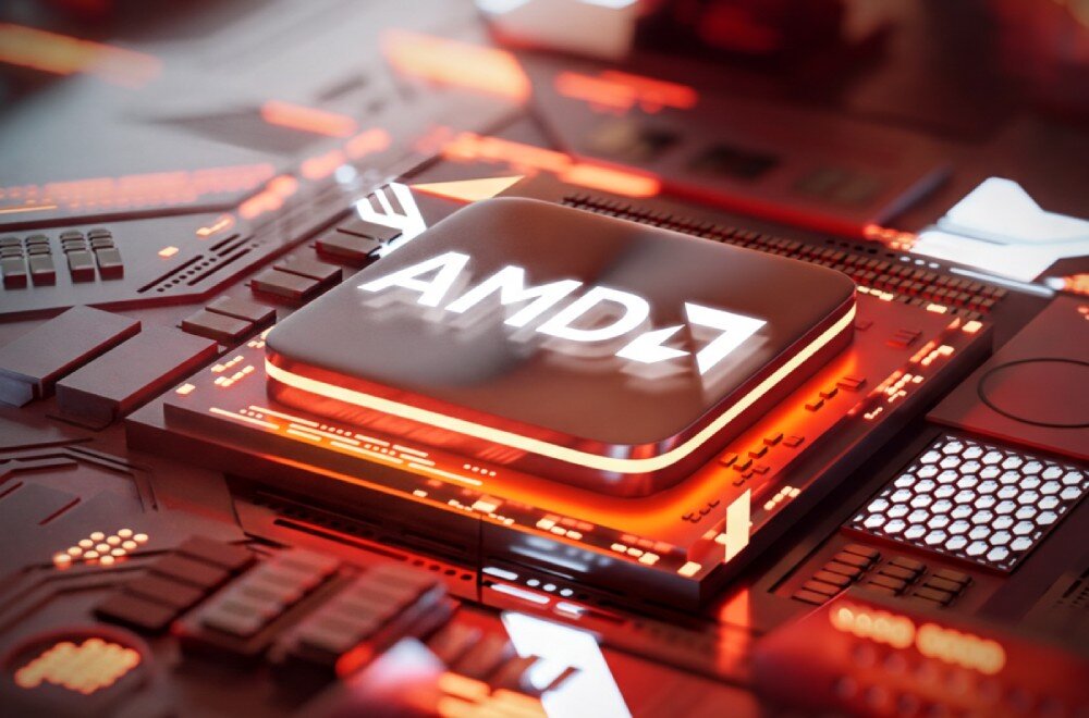 Komputer GIGABYTE Aorus Prime 5 Procesor komputerowy z podświetlanym napisem 'AMD' umieszczony na płycie głównej