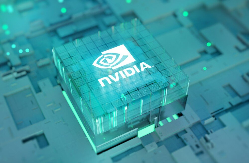 Komputer GIGABYTE Aorus Prime 5 Przezroczysta kostka z podświetlanym logo i napisem 'NVIDIA' na powierzchni układu scalonego