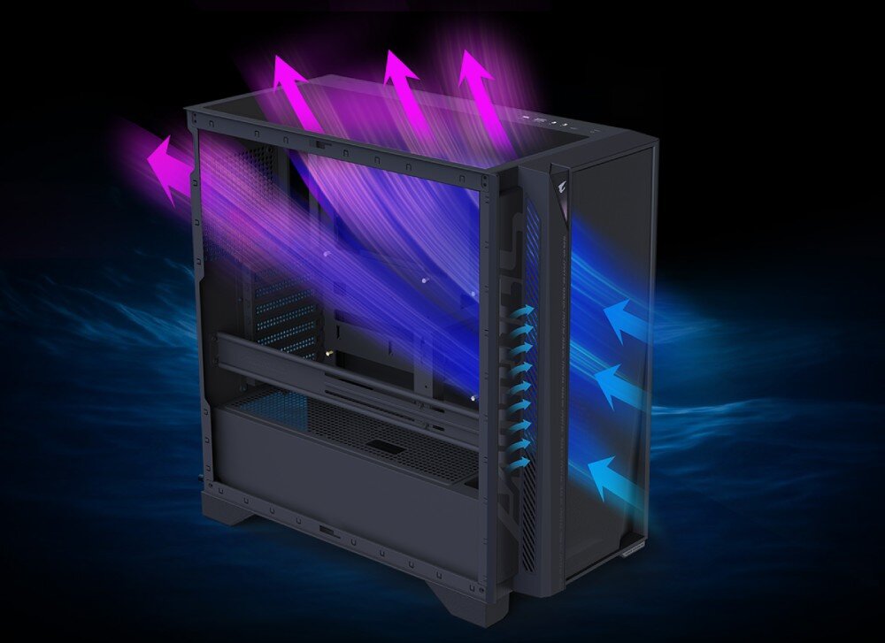 Komputer GIGABYTE Aorus Prime 5 Grafika przedstawiająca przepływ powietrza przez obudowę komputera za pomocą strzałek