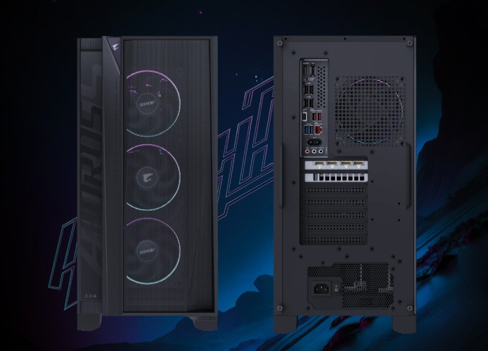 Komputer GIGABYTE Aorus Prime 5 Przód obudowy z trzema wentylatorami oraz tył z zestawem portów i miejscem na zasilacz