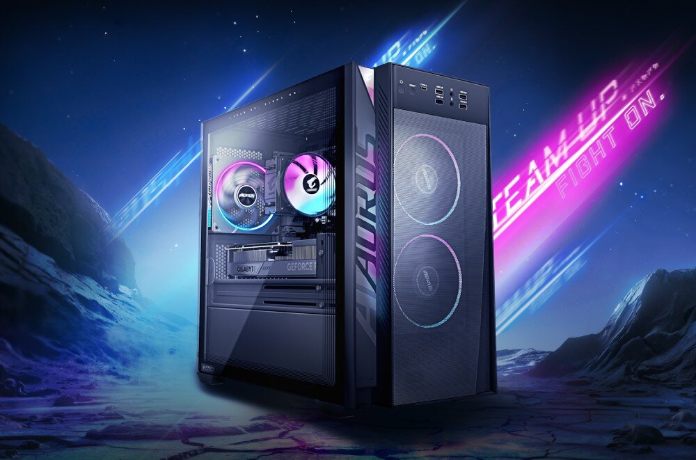 Komputer GIGABYTE Aorus Prime 3 AP3A7N7-5100 Komputer stacjonarny z przeszklonym bokiem i podświetlanymi wentylatorami stojący na tle krajobrazu przypominającego powierzchnię planety