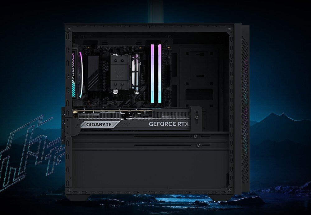Komputer GIGABYTE Aorus Prime 3 AP3A7N7-5100 Wnętrze obudowy komputerowej z podświetlanymi modułami pamięci RAM, chłodzeniem procesora i kartą graficzną