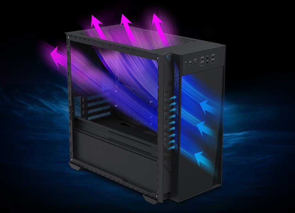 Komputer GIGABYTE Aorus Prime 3 AP3A7N7-5100 Obudowa komputerowa ze strzałkami ilustrującymi przepływ powietrza przez przedni panel oraz górny i tylny wylot