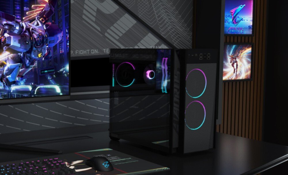 Komputer GIGABYTE Aorus Prime 3 AP3A7N6T-5110 Stanowisko komputerowe z jednostką centralną, monitorem, podświetlaną klawiaturą oraz myszą na biurku