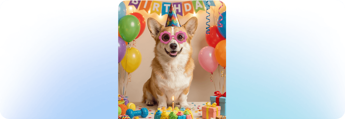 asystent-aparatu-r Pies w okularach i czapeczce urodzinowej siedzi przed stołem z kolorowymi prezentami i balonami. W tle widoczny jest napis \'BIRTHDAY\'.