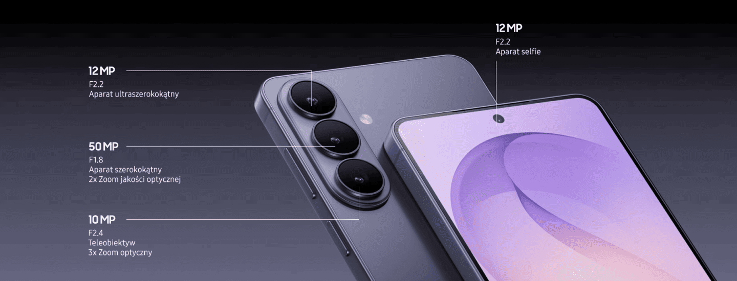 Moduł aparatów telefonu z oznaczeniami 12 MP, 50 MP i 10 MP. Obraz przedstawia smartfon z trzema aparatami z tyłu: 12 MP ultraszerokokątny, 50 MP szerokokątny z 2x zoomem optycznym i 10 MP teleobiektyw z 3x zoomem optycznym. Z przodu widoczny jest aparat selfie 12 MP.