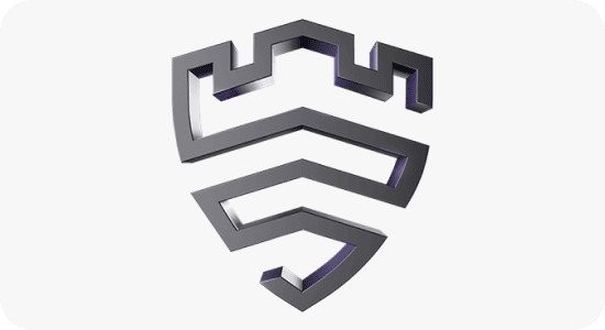 Metalowa tarcza symbolizująca Samsung Knox Logo w kształcie stylizowanej tarczy z geometrycznymi wzorami, w kolorze szarym z fioletowymi akcentami.