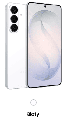 Packshot Galaxy S26+ w kolorze białym Na obrazie widoczny jest biały smartfon z trzema aparatami z tyłu i ekranem z cienkimi ramkami. Pod urządzeniem znajduje się napis \'Biały\'.