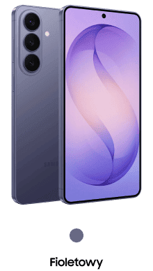 Packshot Galaxy S26+ w kolorze fioletowym Smartfon w kolorze fioletowym z trzema aparatami z tyłu i wyświetlaczem z cienkimi ramkami. Pod spodem widoczny jest napis \'Fioletowy\'.