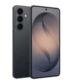 Packshot Galaxy S26 w kolorze czarnym Smartfon z trzema aparatami z tyłu i dużym ekranem z wyświetlonym abstrakcyjnym wzorem. Na obudowie widoczne jest logo \'SAMSUNG\'.