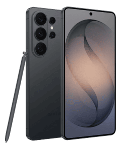Packshot Galaxy S26 Ultra w kolorze czarnym Na obrazie widoczny jest smartfon z dużym ekranem i trzema aparatami z tyłu. Obok urządzenia znajduje się rysik, a na ekranie wyświetla się abstrakcyjna grafika.