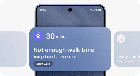 sugestie codzienne r Na ekranie smartfona widoczny jest komunikat z ikoną łapy i tekstem: \'30 mins Not enough walk time Your pet needs to walk more. Start walk\'.