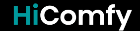 Logo z napisem \'HiComfy\' w kolorach turkusowym i białym na czarnym tle.