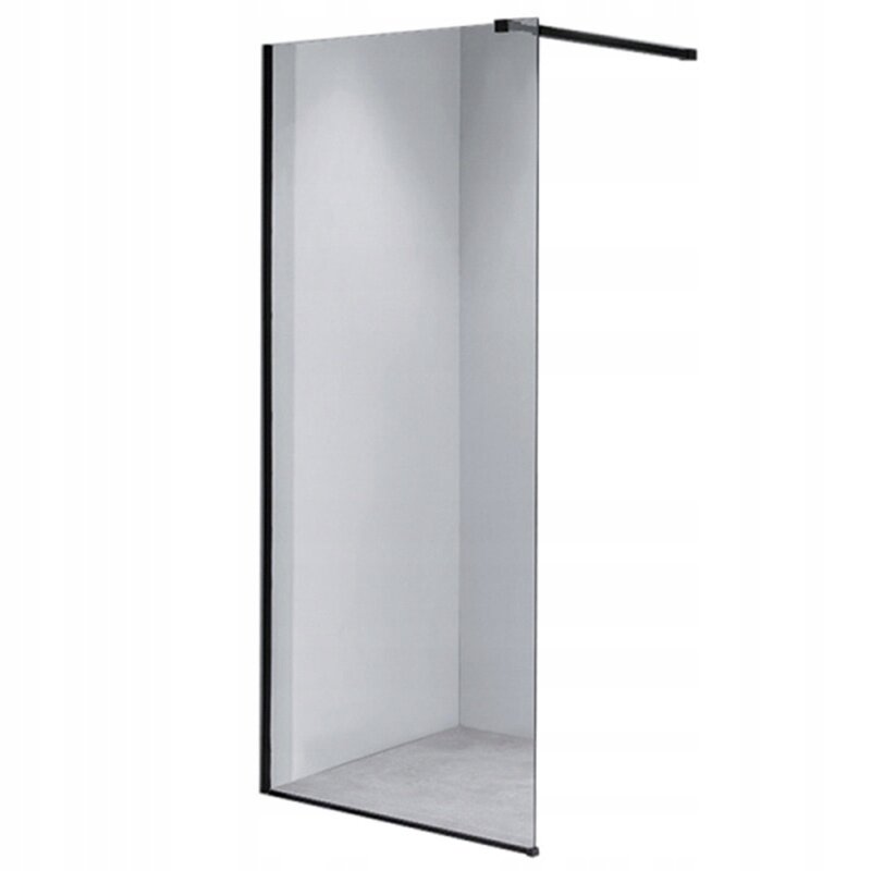 Szklana ścianka prysznicowa typu walk-in z czarnymi elementami montażowymi. Produkt ma prosty, nowoczesny design.