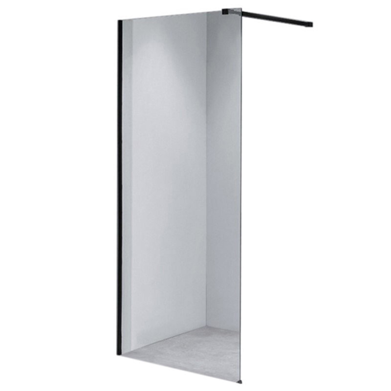 Szklana ścianka prysznicowa typu walk-in z czarnymi elementami montażowymi. Produkt ma minimalistyczny design i przezroczystą powierzchnię.