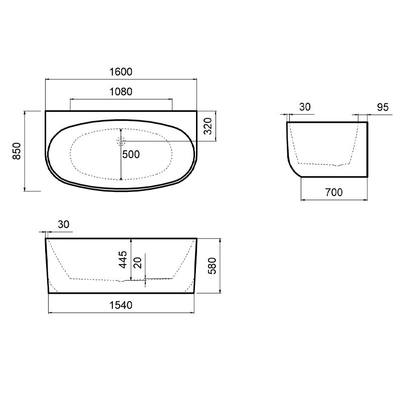 Rysunek techniczny przedstawia wymiary wanny wolnostojącej o owalnym kształcie. Wymiary to 1600x850 mm z głębokością 445 mm i szerokością wewnętrzną 500 mm.