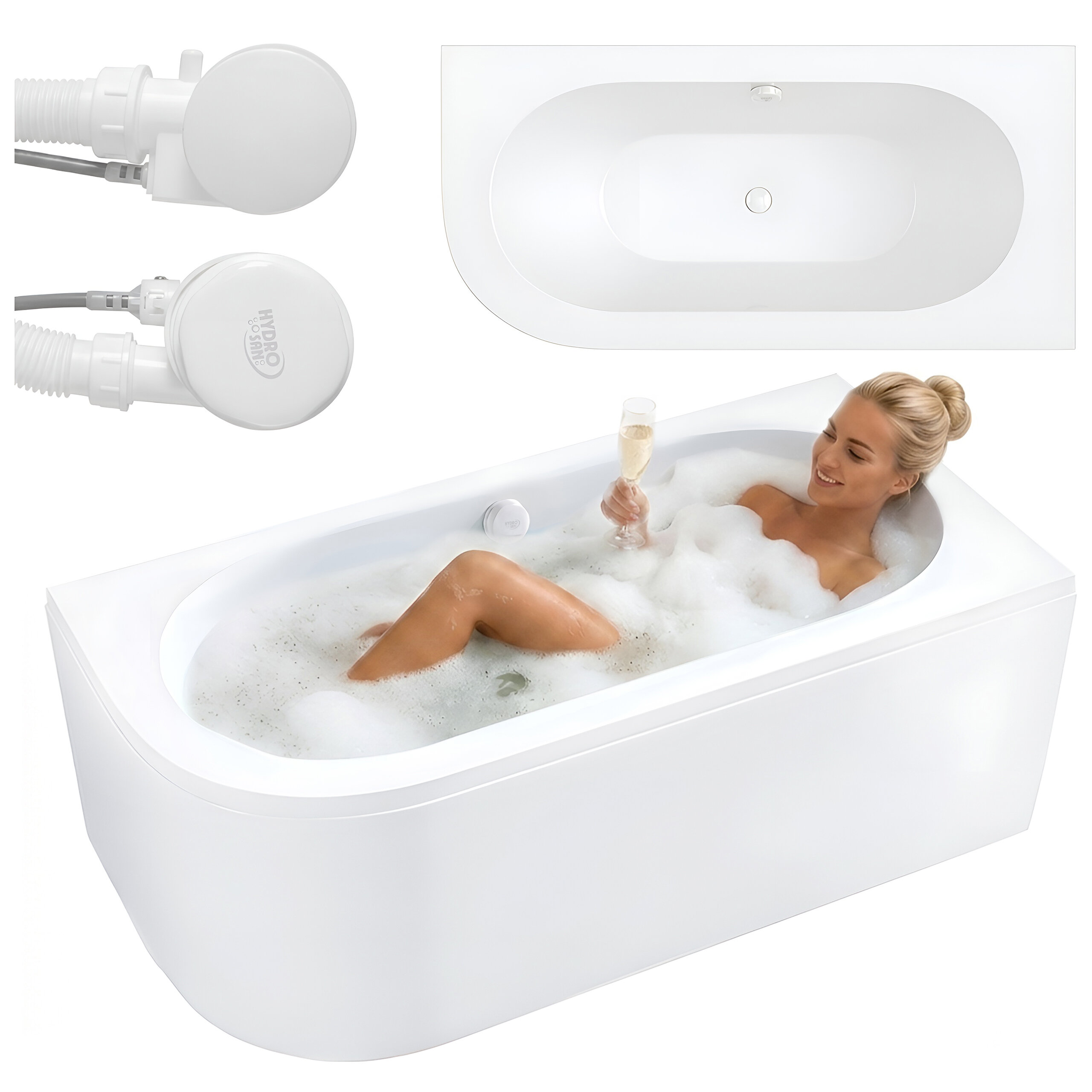 Biała wanna przyścienna z osobą relaksującą się w pianie, trzymającą kieliszek. Obok widoczne są elementy instalacyjne z logo \'HYDROSAN\'.