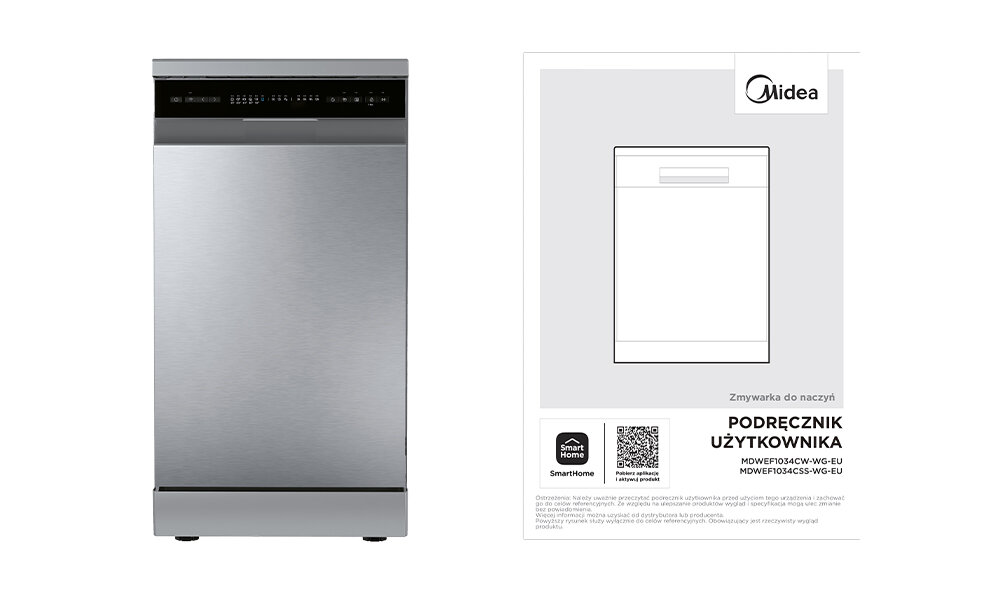 Na obrazie widoczna jest zmywarka w kolorze srebrnym oraz instrukcja obsługi z logo Midea. Instrukcja zawiera tekst: \'Zmywarka do naczyń PODRĘCZNIK UŻYTKOWNIKA MDWEF1034C-WG-EU MDWEF1034CSS-WG-EU\'.