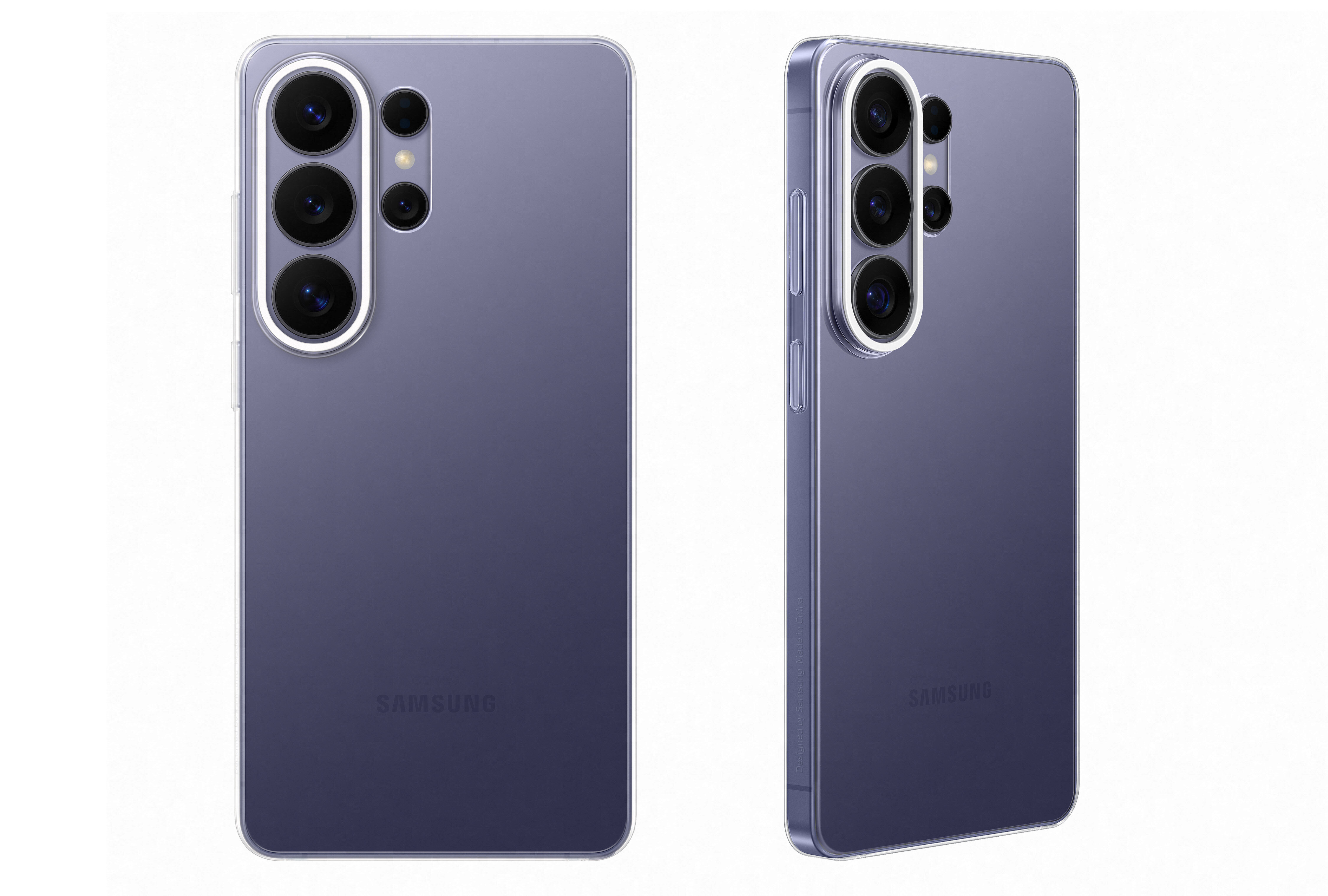 Widok z tyłu fioletowego Galaxy S26 z założonym przezroczystym etui Clear Case Na obrazie widoczne są dwa smartfony z przezroczystymi etui, ukazujące tylną część urządzeń z trzema dużymi obiektywami aparatu. Na obudowie widnieje napis \'SAMSUNG\'.