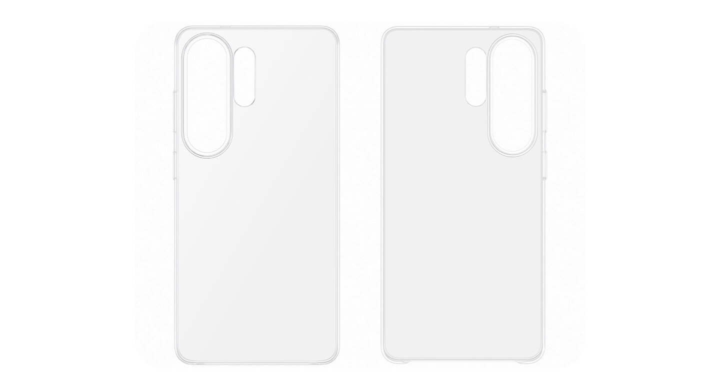 Widok z tyłu przezroczystym etui Clear Case, Obraz przedstawia dwa przezroczyste etui na telefon z wycięciami na aparat i przyciski.