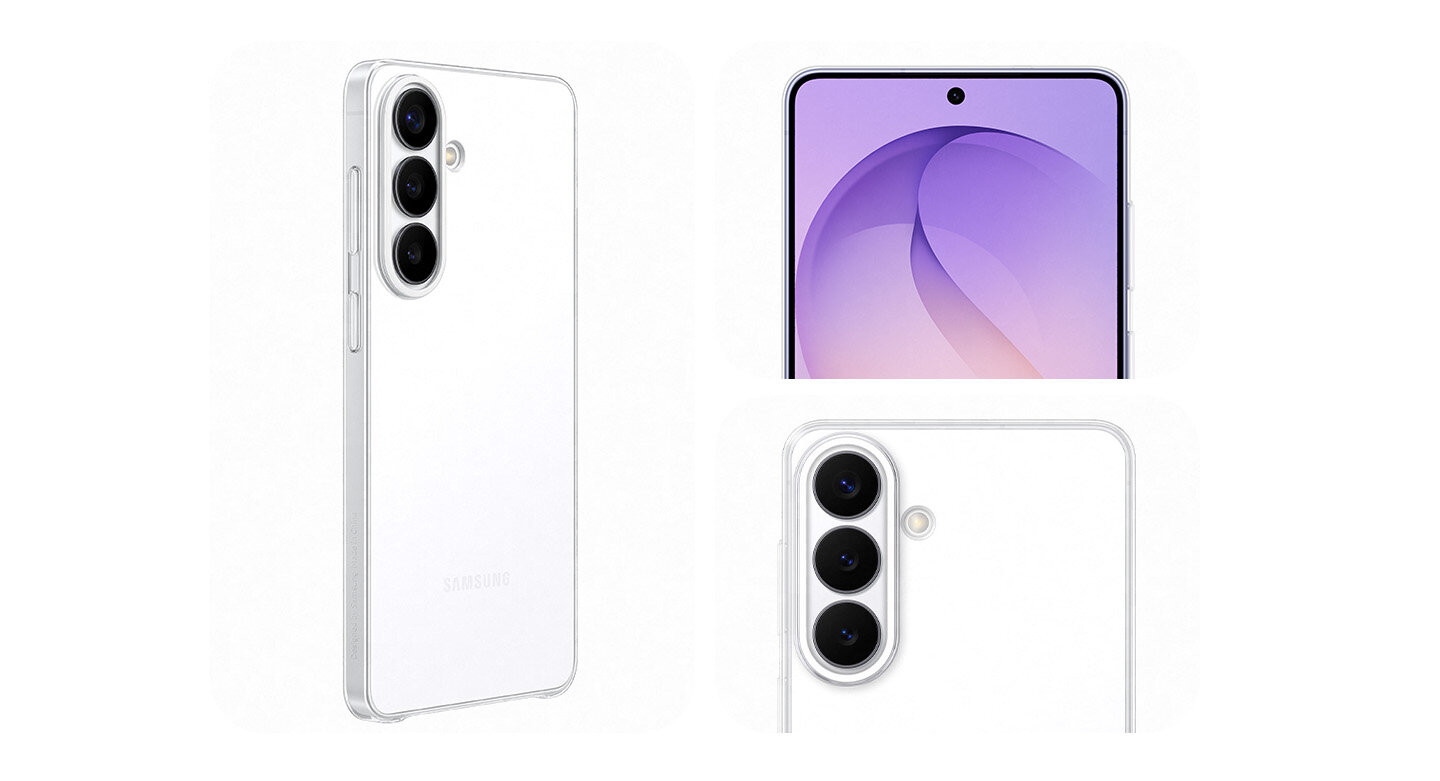 Widok z tyłu białego Galaxy S26 z założonym przezroczystym etui Clear Case Obraz przedstawia przezroczyste etui na telefon z trzema otworami na aparaty fotograficzne. Widać również ekran telefonu z wyświetlaczem o fioletowym tle.
