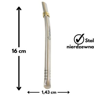 Na obrazie widoczna jest metalowa bombilla o długości 16 cm i szerokości 1,43 cm, z napisem \'Un Mate\' oraz oznaczeniem \'Stal nierdzewna\'.