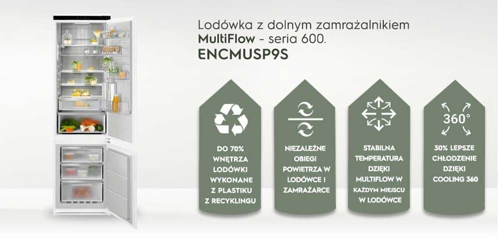 Obraz przedstawia otwartą lodówkę z dolnym zamrażalnikiem, wypełnioną różnymi produktami spożywczymi. Obok lodówki znajdują się cztery ikony z tekstem: \'DO 70% WNĘTRZA LODÓWKI WYKONANE Z PLASTIKU Z RECYKLINGU\', \'NIEZALEŻNE OBIEGI POWIETRZA W LODÓWCE I ZAMRAŻARCE\', \'STABILNA TEMPERATURA DZIĘKI MULTIFLOW W KAŻDYM MIEJSCU W LODÓWCE\', \'30% LEPSZE CHŁODZENIE DZIĘKI COOLING 360\'.