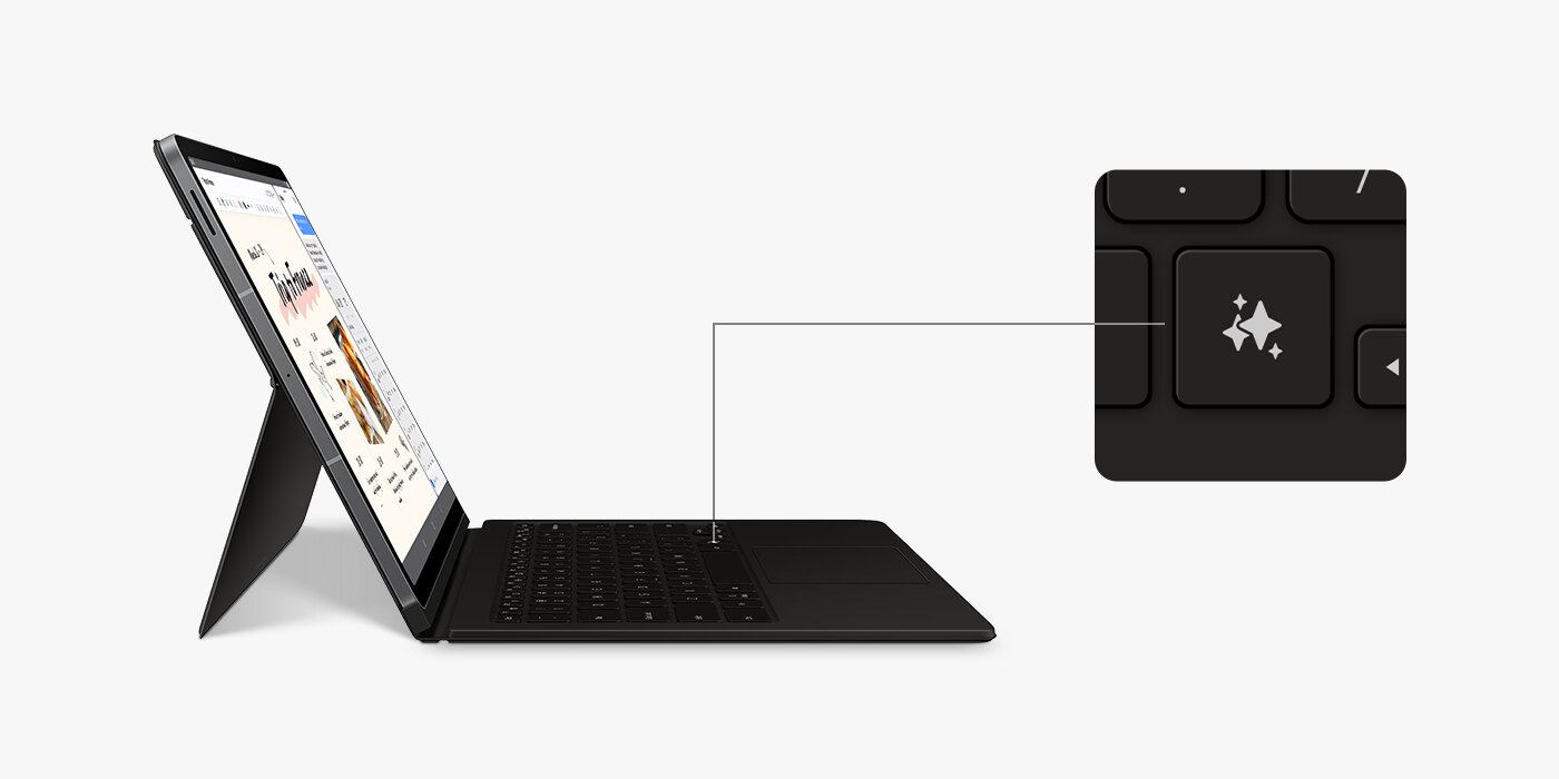 Urządzenie Galaxy Tab S10 FE Plus z założonym etui Book Cover Keyboard jest ustawione pod kątem w prawo. Ekran jest podzielony, aby pokazać rozmowę z Bixby po jednej stronie. Zbliżenie podkreśla Galaxy AI Key na klawiaturze, pokazując jego lokalizację. Obraz przedstawia tablet w czarnym etui z klawiaturą, ustawiony na podstawce. Obok znajduje się powiększenie klawisza z symbolem gwiazdek.