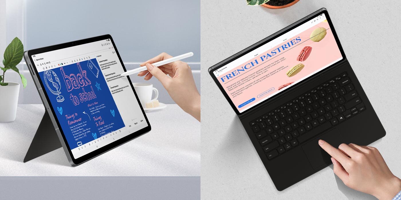Osoba wskazuje rysikiem S Pen na Galaxy Tab S10 FE Plus wyświetlającą używaną aplikację Note Assist, podpartą poziomo za pomocą etui Book Cover Keyboard. Widok z góry osoby używającej gładzika na klawiaturze etui Book Cover Keyboard do nawigacji po aplikacji Note Assist na Galaxy Tab S10 FE Plus. Obraz przedstawia dwa ujęcia tabletu z etui i klawiaturą. Na ekranie po lewej stronie widoczny jest niebieski ekran z napisem \'back to school\', a po prawej stronie strona internetowa z napisem \'FRENCH PASTRIES\'.