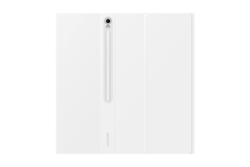 Białe etui z pionowym wycięciem na aparat i logo \'SAMSUNG\' na dolnej części. Etui ma prosty, minimalistyczny design z trzema segmentami.