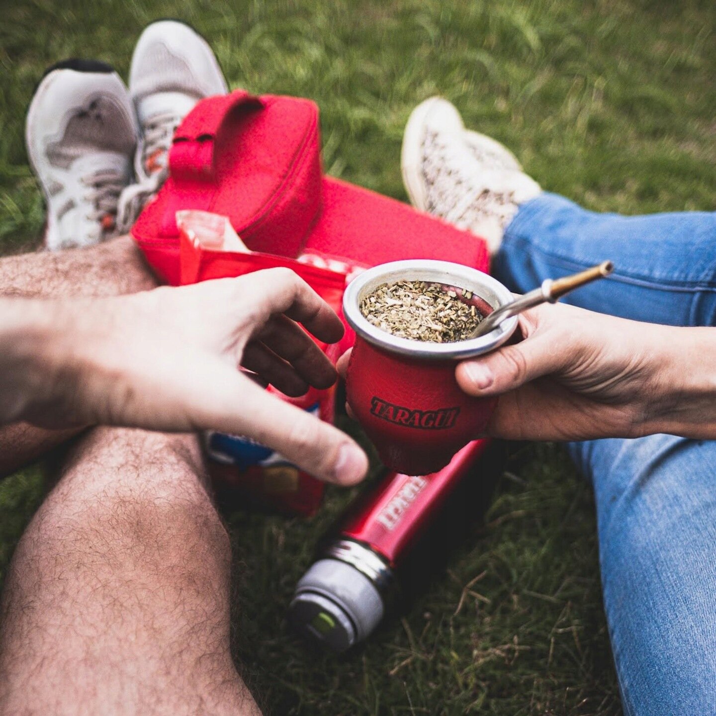 Osoba trzyma naczynie z napisem \'Taragui\' wypełnione yerba mate, obok widoczny jest termos i czerwona torba na trawie.